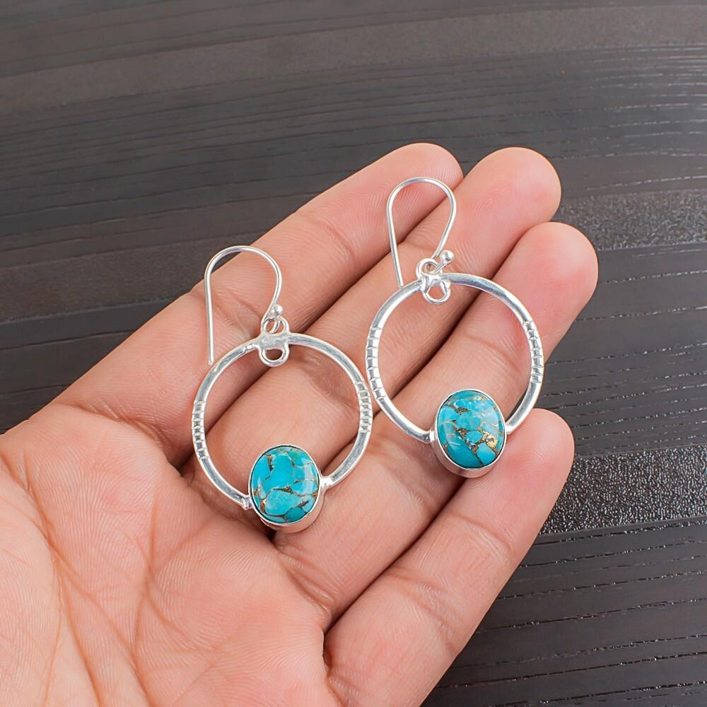 Blue Copper Turquoise Gemstone 925 Sterling Silver Handcrafted Earrings 1.37" EE-67-23