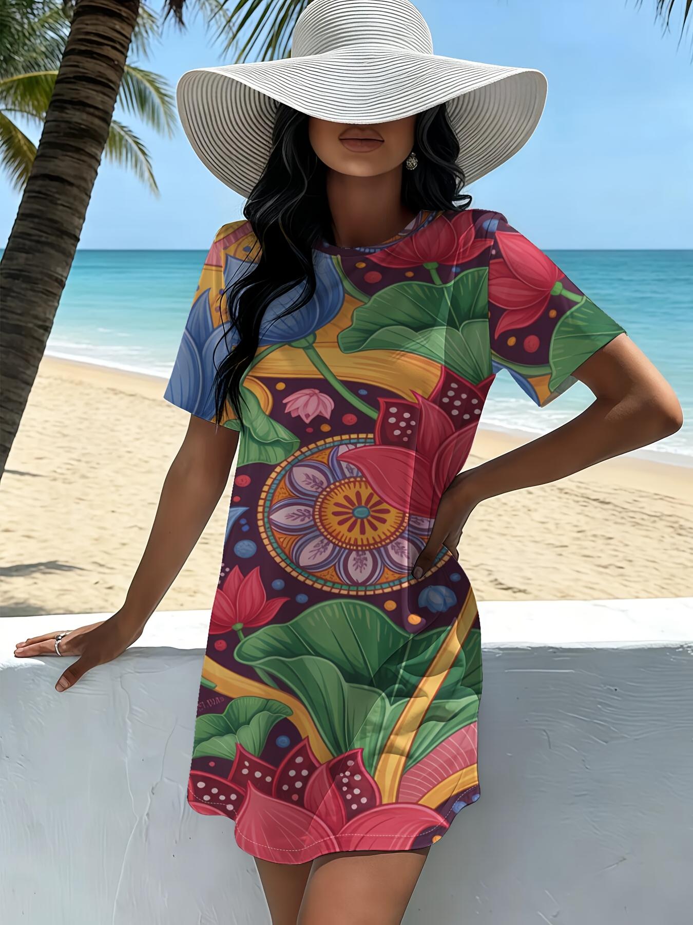 

Vibrant Floral Pop New Arrival Women S Round Neck Short-Sleeve T-Shirt Dress. American Trendy Digital Print. Casual Versatile Style for Spring And Sum XS дубильна кора