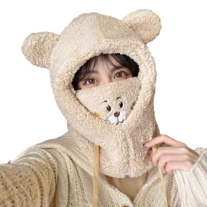 New Lamb Wool Mask Hat Women's Winter Scarf Integrated Cute Bear Ear Protection Warm Ski Hat