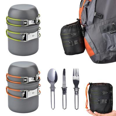 1 Set Camping Cookware with Folding Pot Spoon Fork Cutter 1-2 Person Heavy Duty Aluminum Alloy Outdoor Picnic Hiking Backpacking Portable Cookware