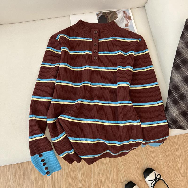 

Real autumn and winter contrasting colors striped semi-turtleneck long-sleeved knitted sweater One size fits all