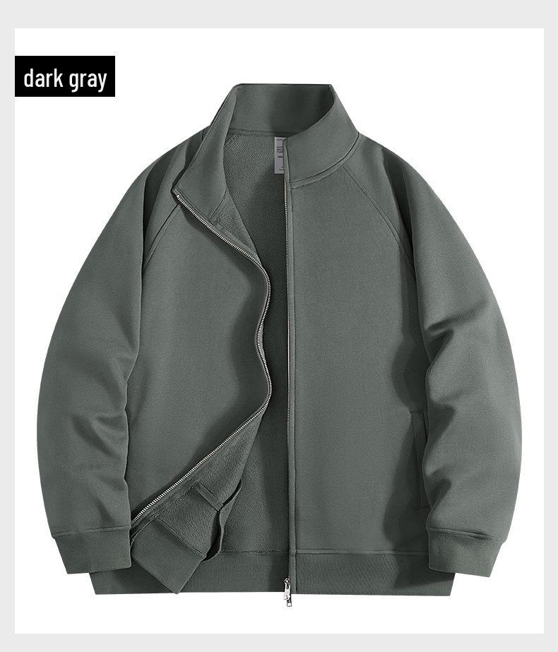 Men's 420g Heavyweight Stand-up Collar Zipper Hoodie - Gray, Spring/Autumn, Loose Fit, Versatile Cardigan.