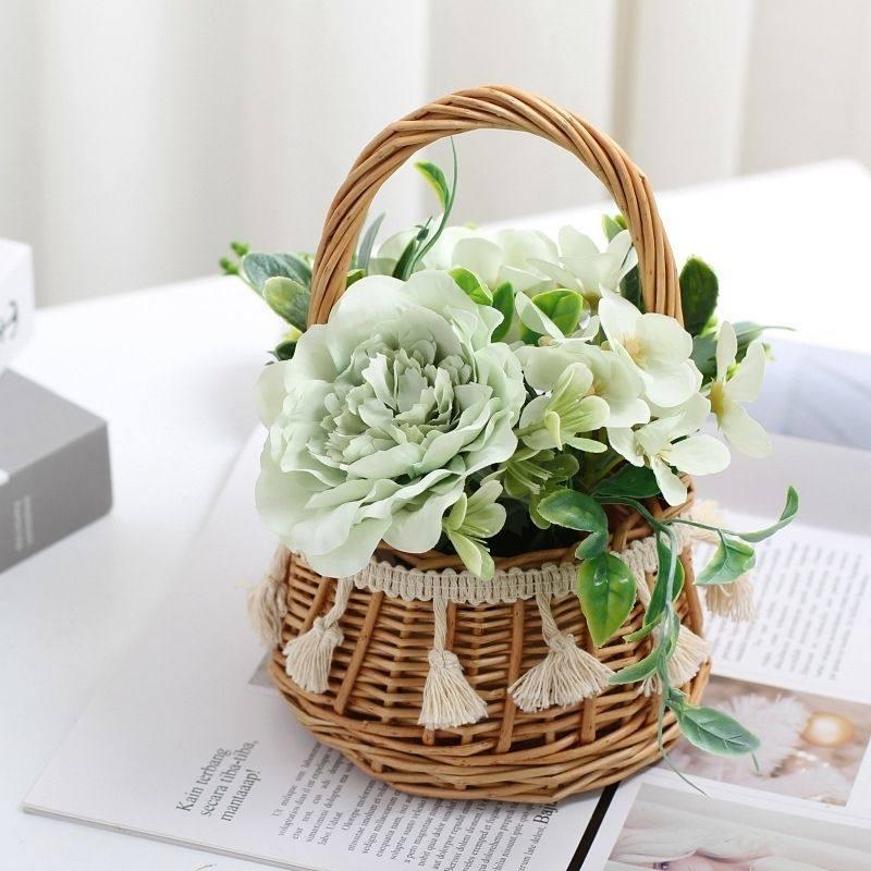 Korean Pastoral Silk Flowers In Handmade Woven Basket for Living Room or B&B Decor