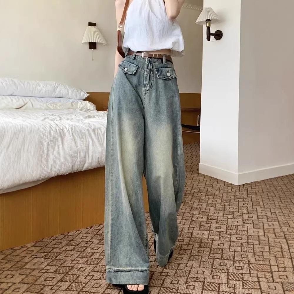 women s Vintage High Waist Wide Leg Jeans Casual Straight Leg Denim Trousers S синий