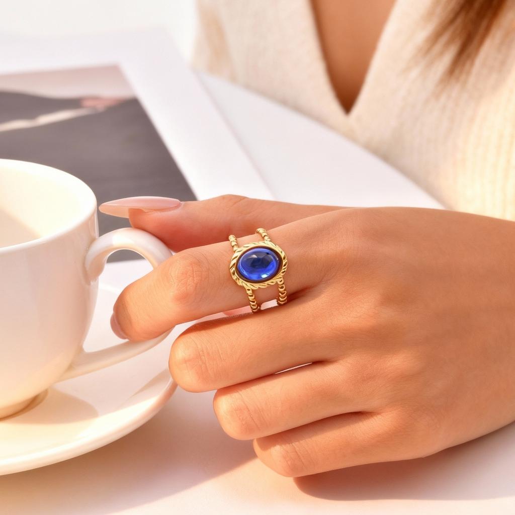Stainless Steel Geometric Line Double-layer Open Ring for Women, Luxury Vintage Turquoise Ring, Waterproof Aesthetic Jewelry