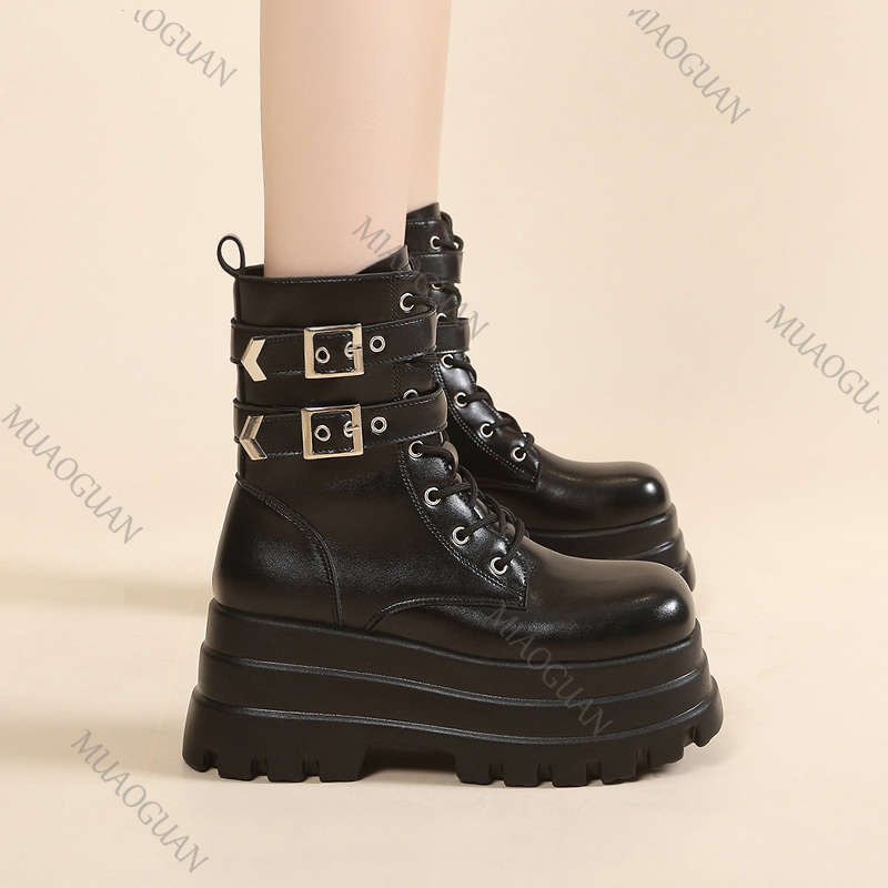 Fashion Women Black Punk Gothic Motorcycle Boots Chunky High Heel Ankle Boot Ladies Wedge Belt Buckle Platform Botines Female Shoes