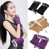Women's Fashion Winter Warm Imitation Rabbit Hair Faux Leather Fingerless Gloves