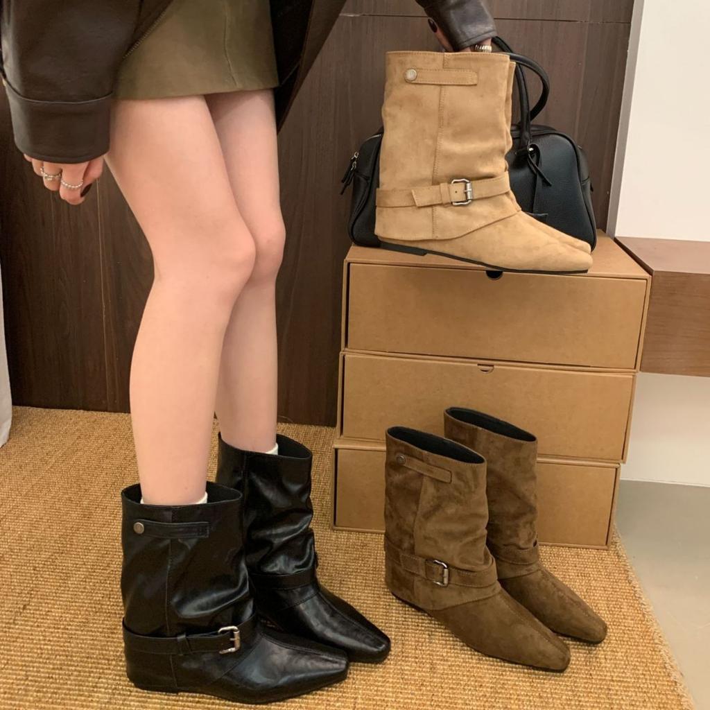 Small square head inner height increase belt buckle short boots women's autumn new temperament short thin boots