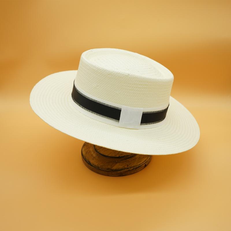 French Elegant Retro White Hand-Woven Flat Top Top Hat Women'S Summer Sunshade Vacation Foreign Trade Panama Straw Hat