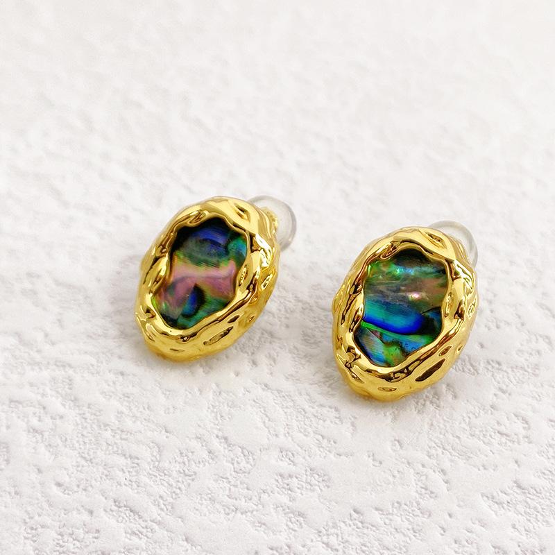 

18K Gold-Plated Retro Stud Earrings with Colored Gem and Shell Inlay
