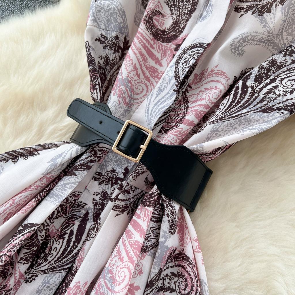 Summer Women Vintage Print Short Sleeve Turn-down Collar Single Breasted Long Midi Party Shirt Dresses with Belt