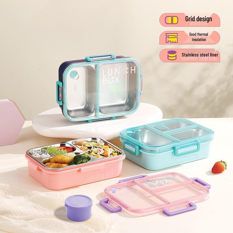 304 Stainless Steel Insulated Lunch Box with Handle - Cartoon Style, Three Compartments, Sealed Bento Box for Students and Work Meals.