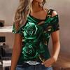 Women Butterfly Print Cold Shoulder Short Sleeve T Shirt Irregular Cutout Neck Casual Summer Blouse Top