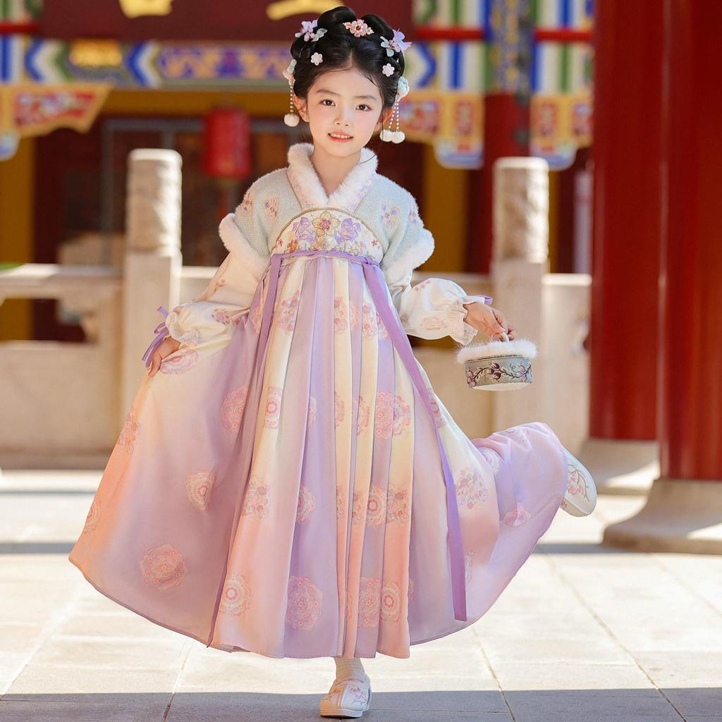Girls' Winter Plush-Lined Hanfu Dress - Traditional Tang Suit Skirt for Autumn/Winter 2025 New Year