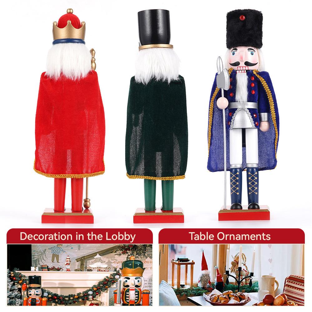 38CM Nutcracker Puppet Solider Merry Christmas Decoration Cloak King Wooden Doll Walnut Handcraft Figurine Home Office Decor