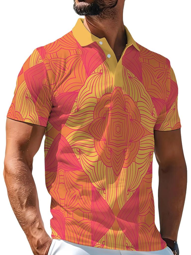 [Printed Design – Not Textured] Bright Yellow Collar Orange Pink Mandala Floral Line Art All-Over Print Men's Polo Shirt