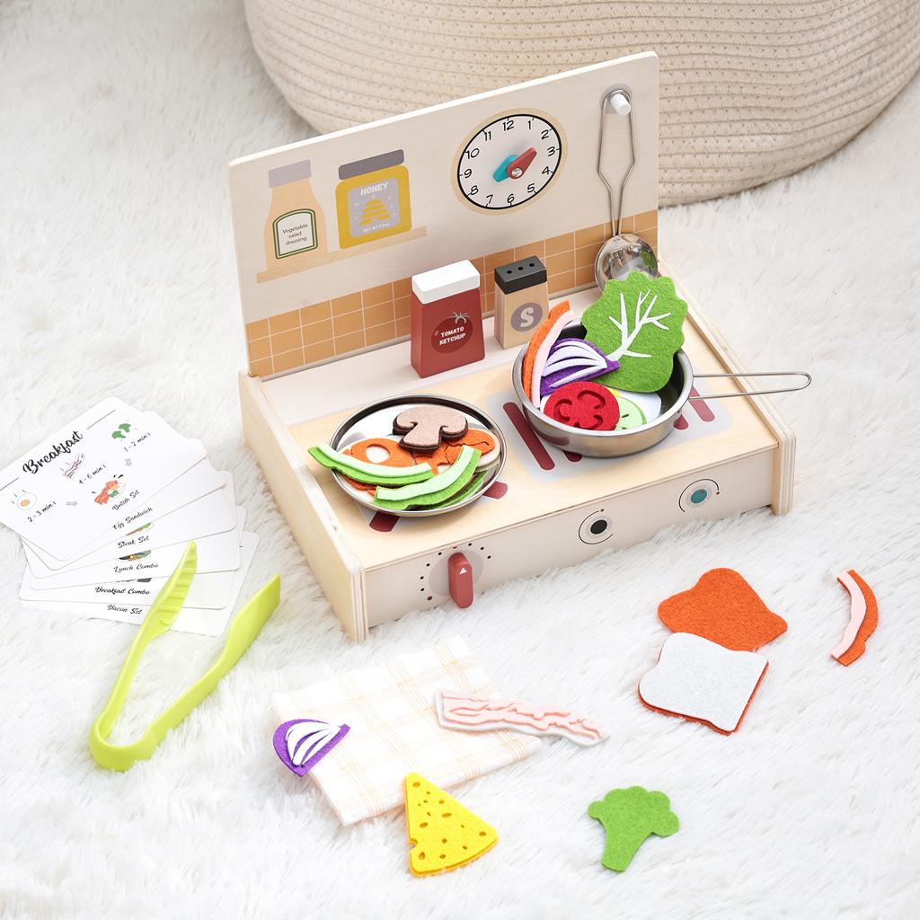 Early Education Wooden Simulation Cooking Kitchen Pretend Play Toy, Wooden Stove Cookware Tableware Cognitive Toy for Baby