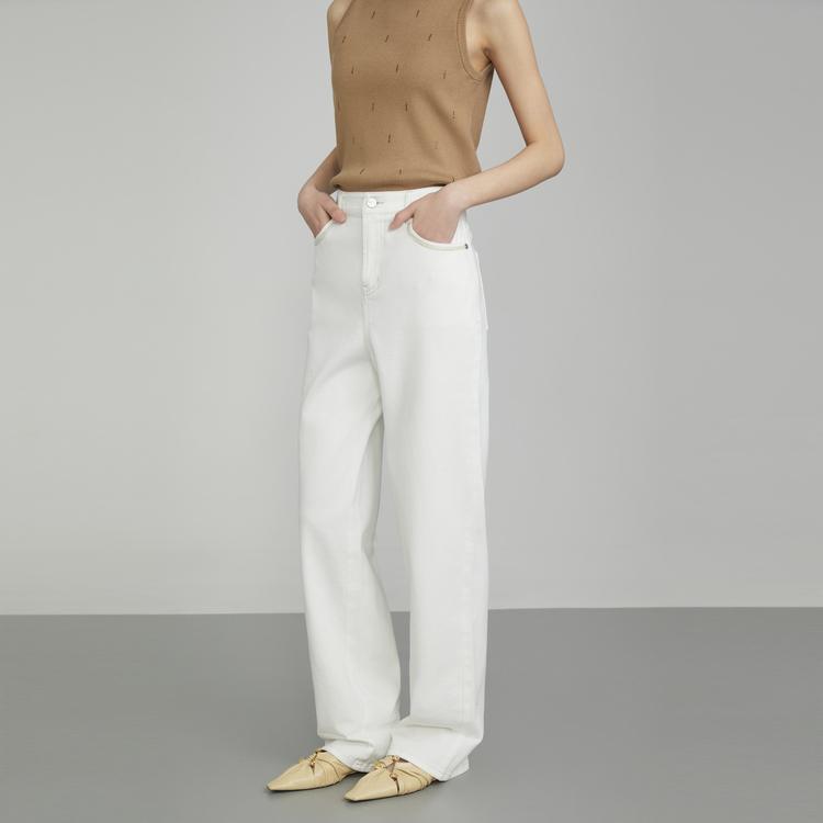 Elle French Design Solid Color Casual Straight Leg Jeans Women bottoms Off-White EQ50930