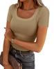 Women's U Neck Long Sleeve Tee Slim Fit Casual Ribbed Knit Solid Color Spring Basic Top