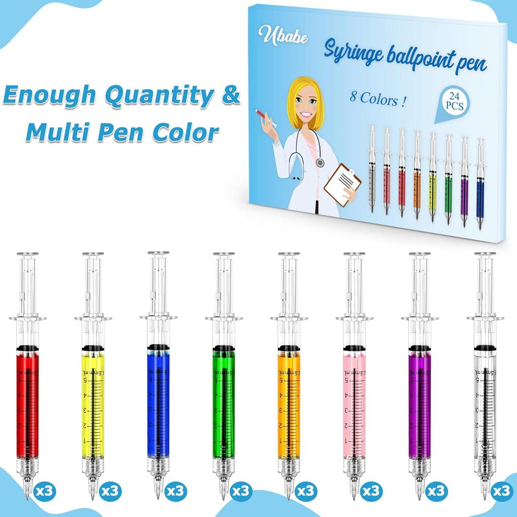 24Pcs Syringe Pen, Multi-Color Retractable Fun Nurses Week Gifts Bulk, Black Ink Novelty Pens Set, Nurse Accessories for Work and Nursing School