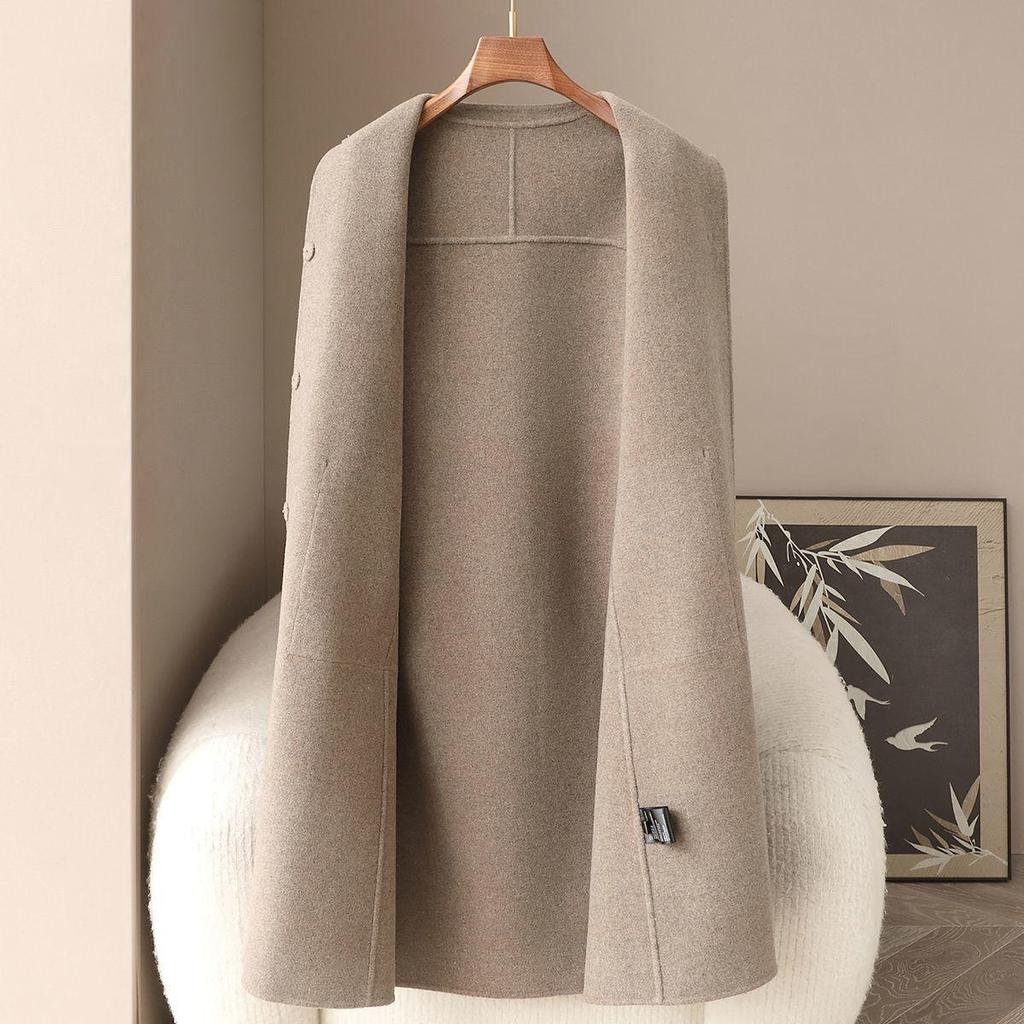 Women's Long Double-Faced Wool Coat: Round Neck, Slim Fit, 30% Cashmere, High-End Spring/Autumn Style