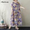 Übergröße Sommer Damen Vintage Midi Kleid O-Ausschnitt Rosa Lila Blumendruck Übergroß Baggy Gewand Baumwolle Kurze Ärmel Retro Freizeitkleid