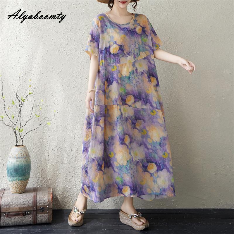 Übergröße Sommer Damen Vintage Midi Kleid O-Ausschnitt Rosa Lila Blumendruck Übergroß Baggy Gewand Baumwolle Kurze Ärmel Retro Freizeitkleid