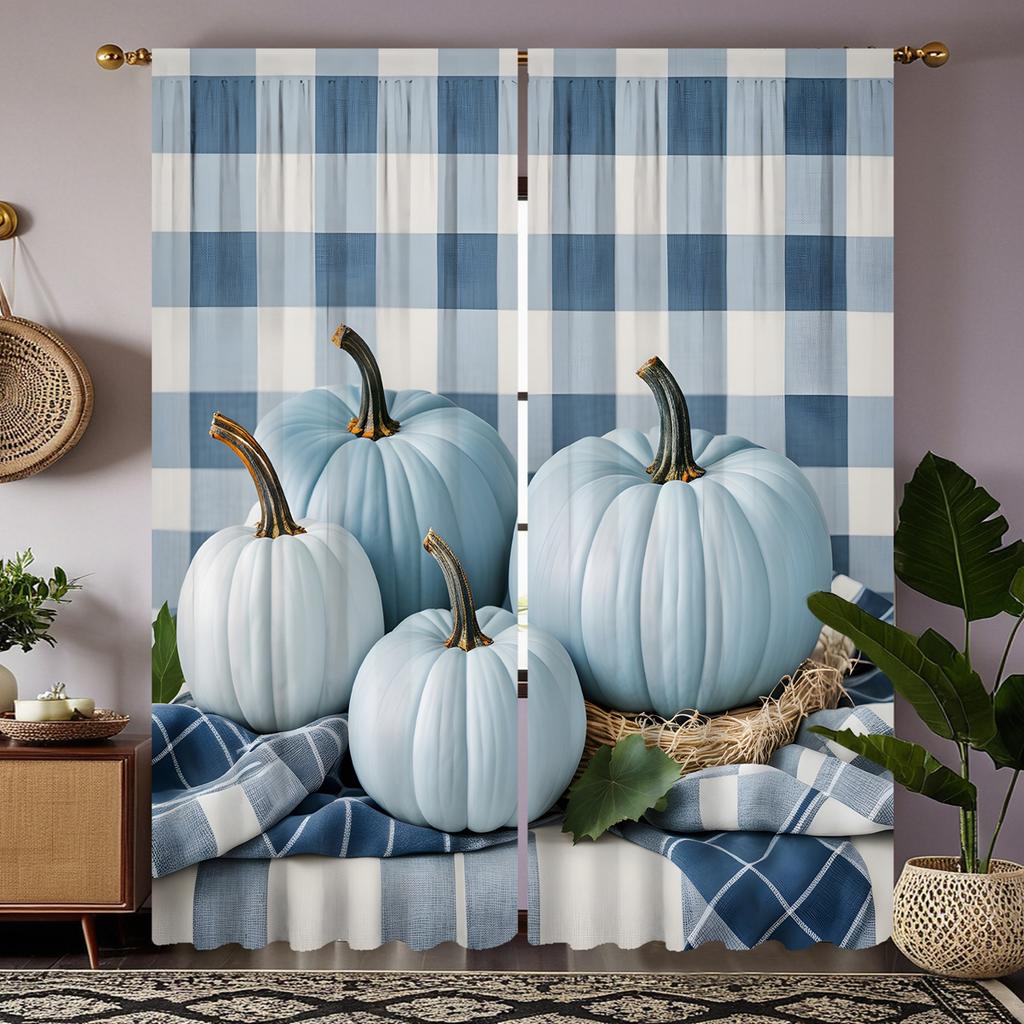 2 pieces HD black blue check four pumpkin curtains Blue tie digital printed curtains Home decoration style Decorate living room