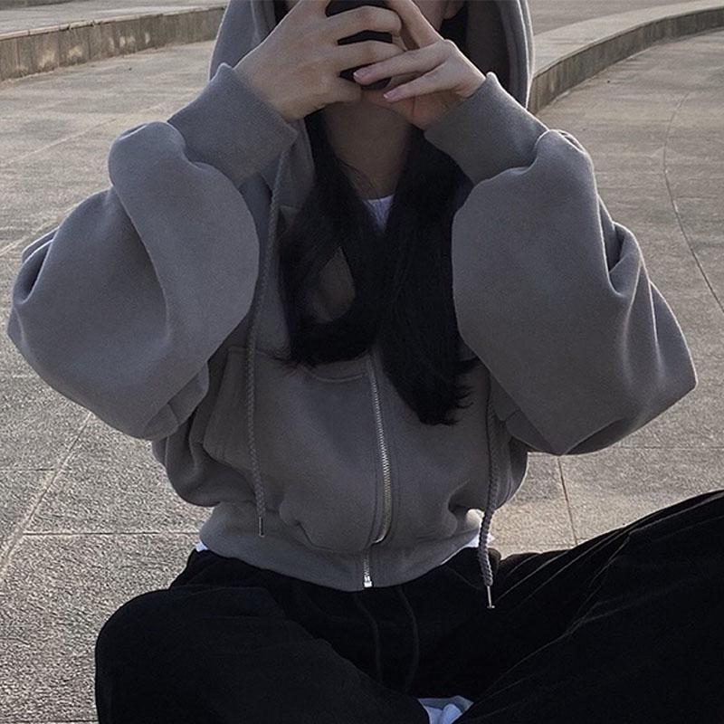 Sudaderas con capucha para mujer, chaqueta Vintage de otoño de Color sólido con cremallera, sudaderas de gran tamaño, chaquetas con capucha de manga larga Harajuku versión coreana
