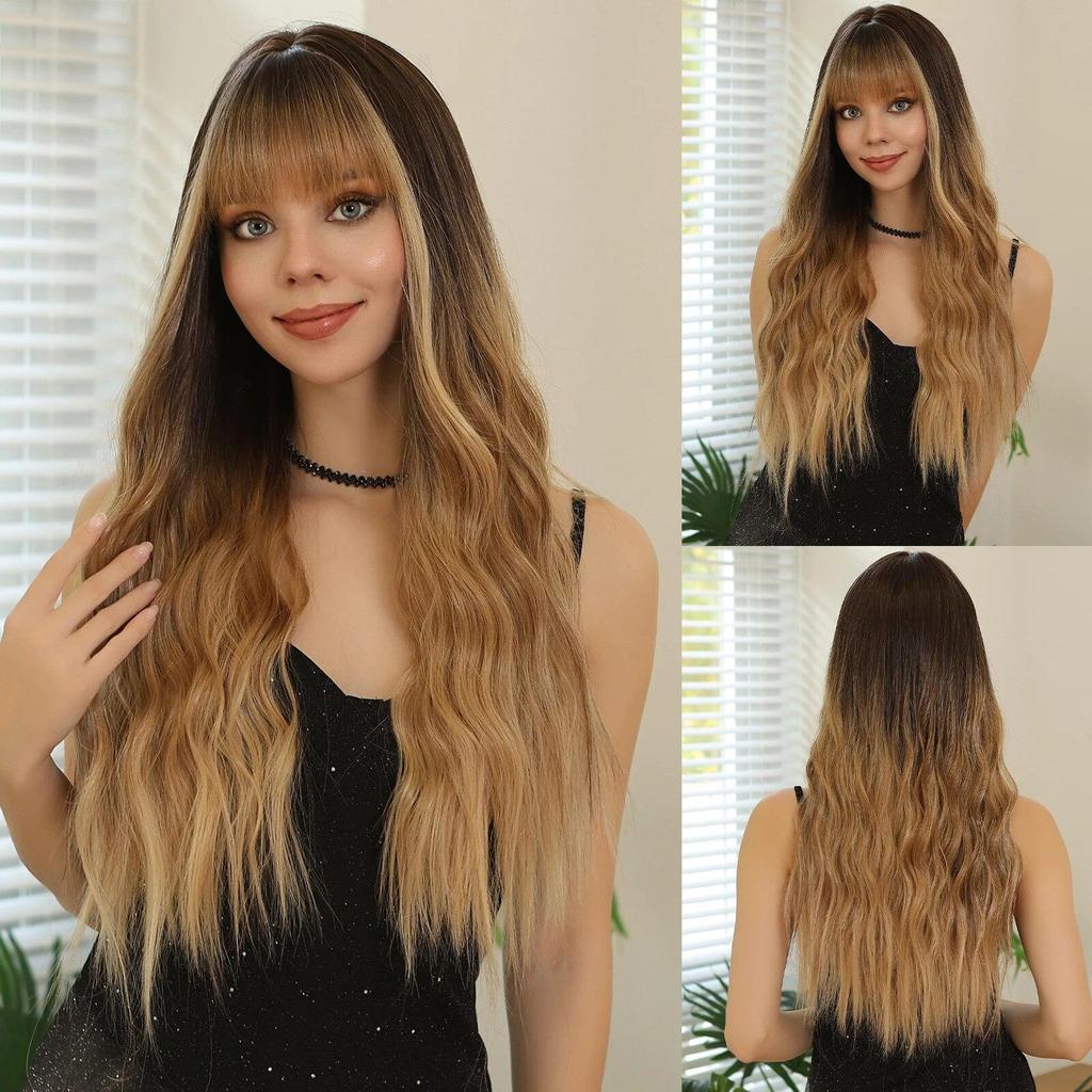 LOUIS FEREE Long Wavy Wig With Bangs Red Brown Ginger Copper Synthetic Wigs for Women Natural Wave Curly Wigs Heat Resistant Hair for Daily