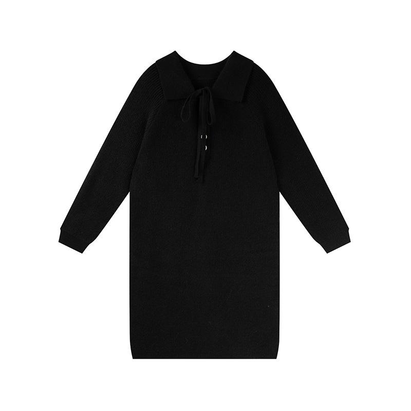 Ai Yuan 2025 Winter Plus Size Women s Loose POLO Collar Lace-up Knit Dress F716 XL чёрный