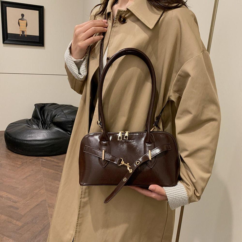 Korean Style Retro Shoulder Bag Solid Color Bowling Bag Fashionable Underarm Bag  Travel