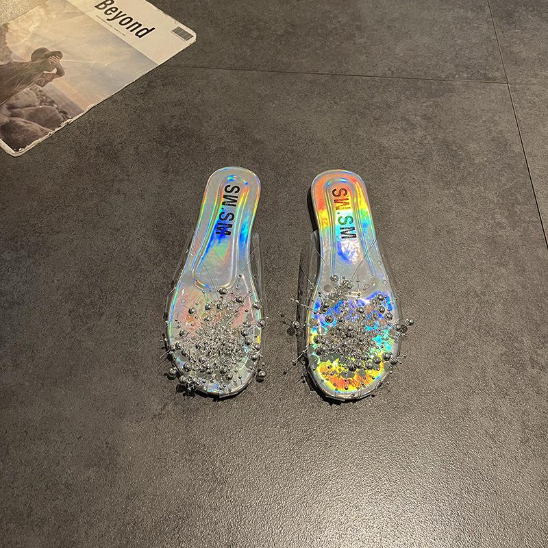 

Блестящие серебристые прозрачные бусины баотоу полушлепанцы женские 2025 лето интернет-знаменитость супер огонь сандалии шлепанцы 40 серебряный