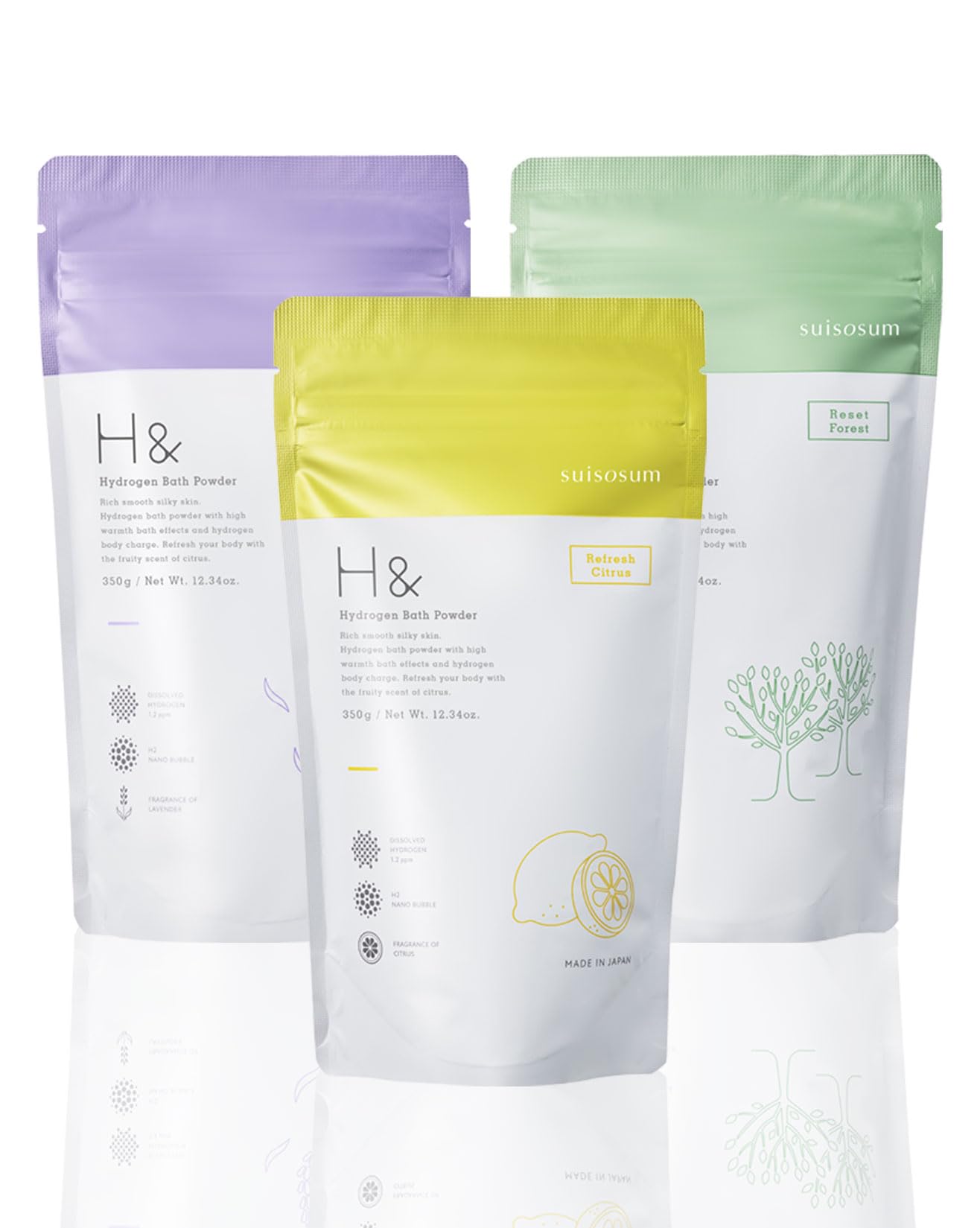 

H& Ash & Высококонцентрированные Соли для Ванны с Водородом, Лаванда, Цитрус и Лес, 350 г (Набор из 3 шт.) [Сделано в Японии, Подарочный набор, Включает мерную ложку]