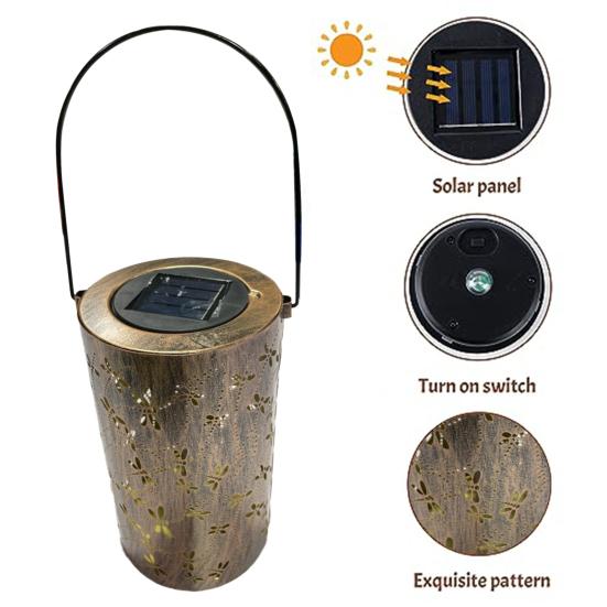 Outdoor Solar Lantern with Handle Hollow Out Dragonfly Metal Decorative Lamp IP55 Waterproof Garden Backyard Porch Patio Lawn Hanging Lamp