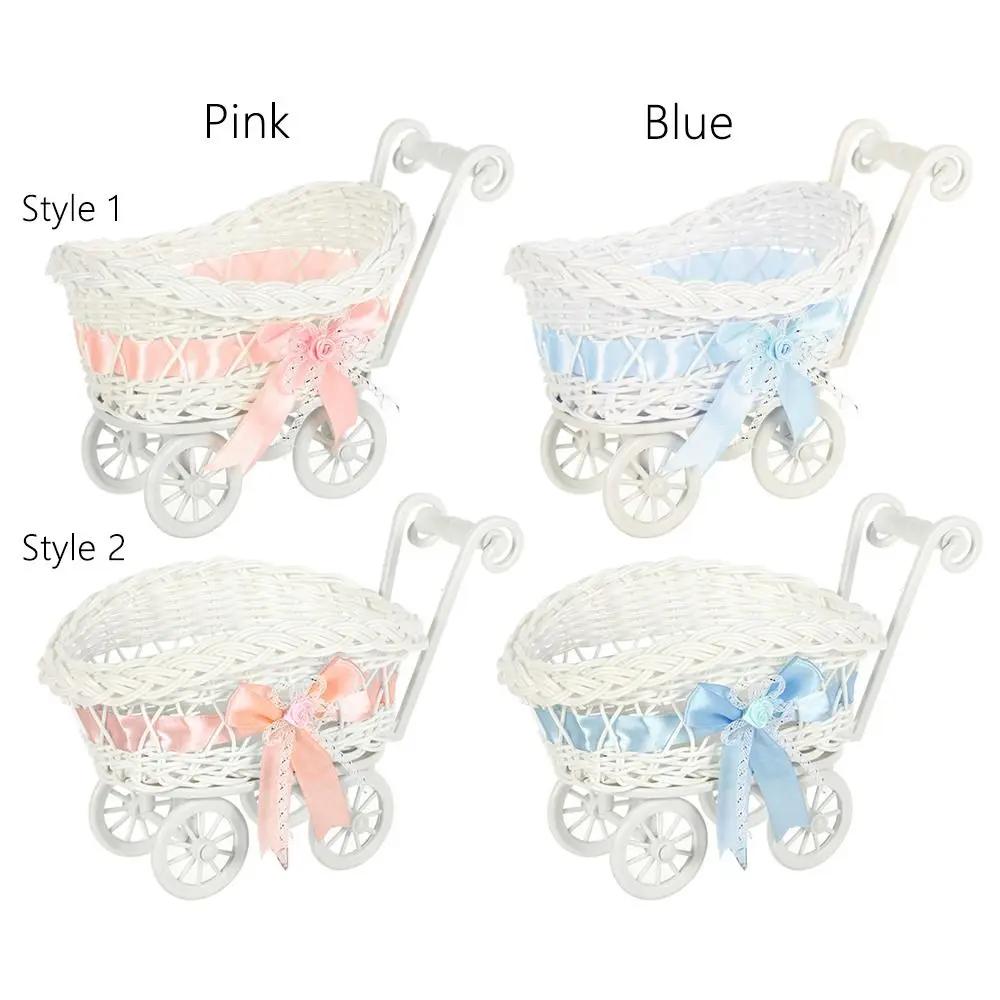 High Quality Hand-Woven Creative Small Cart 2 Styles Gift Flower Fruit Storage Basket Flower Basket For Plant Home Wedding