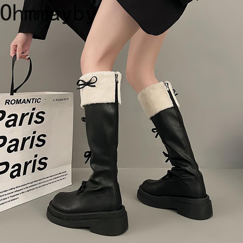 Autumn Winter Short Plush Woman Knee High Boot Fashion Butterfly-knot Knight Long Booties Botas Feminino