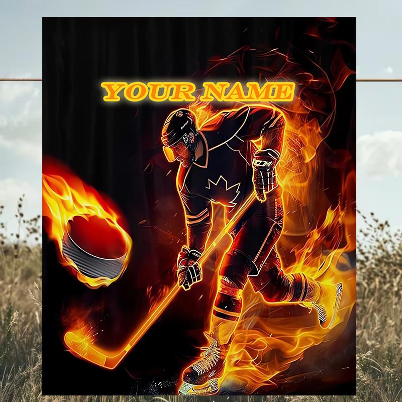 1PC Custom Name Hockey Player Artwork outdooor Flannel blankets Patterns Throw Blanket All-Season Soft Gift for Couch, Bed, Camping gifts