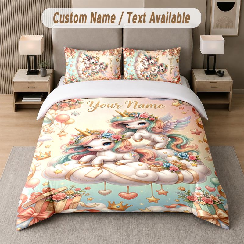 Unicorn Theme Custom Text Or Name 3Pcs Bedding Set 1 Flat Sheet & 2 Pillowcases Personalized Home Bedding