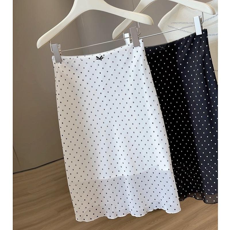 Women's Polka Dot Midi Skirt High Waist Slim Straight A Line Summer Thin Chiffon Skirt