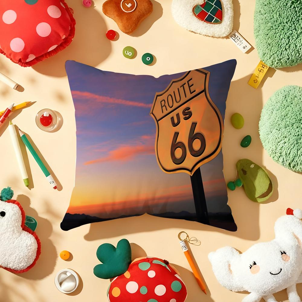 Classic Route 66 Retro Cushion Cover Plush Fabric Soft Double-Sided Printed Sofa Warm Winter Home Gift Pillow Cover