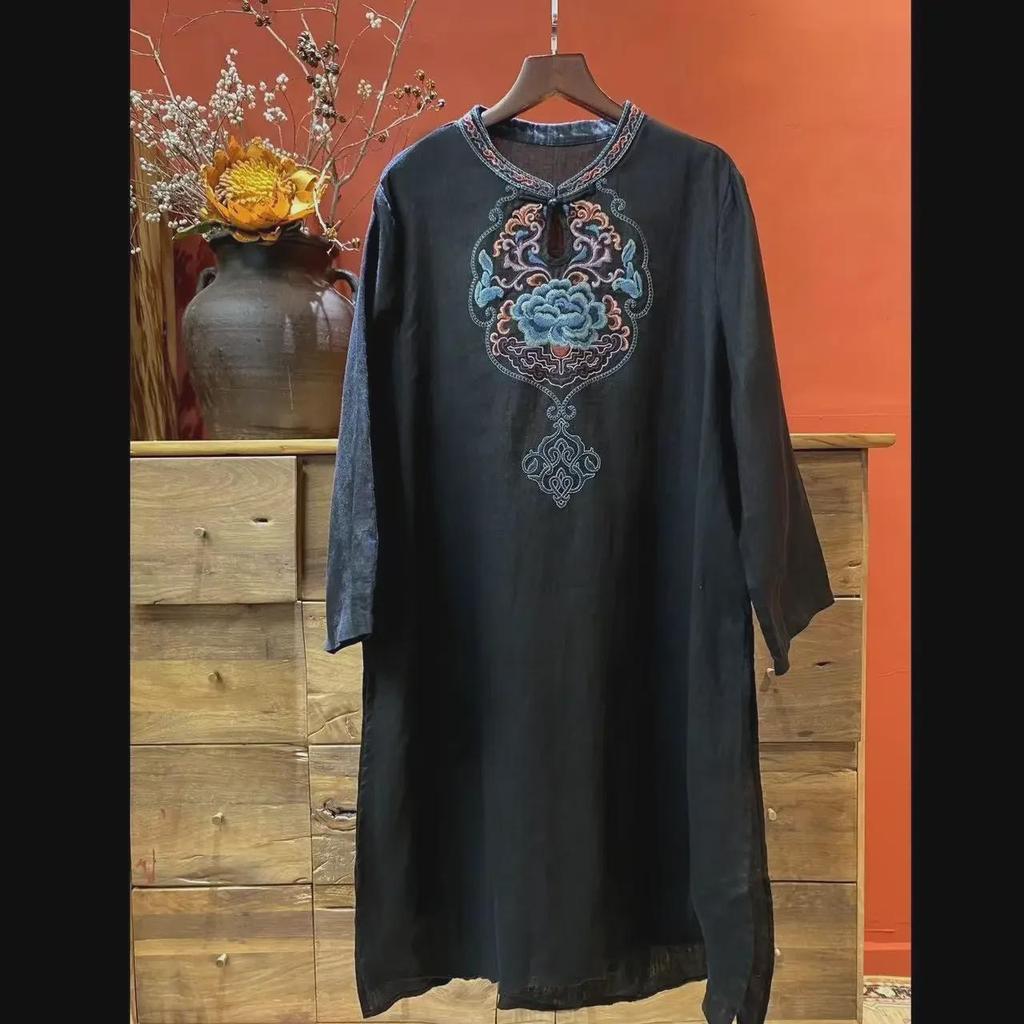 Jarní/Letní Midi šaty s výšivkou: Etnický čínský styl, Rukávy délky ke třem čtvrtinám, Kulatý výstřih, Bohatá výšivka