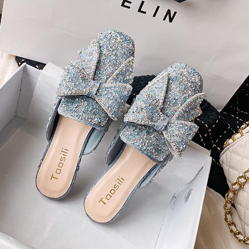 Fashion Plus Size 42/43 Glitter Sequins Shoes Woman Butterfly-Knot Slides Flat Low Heels Mule Ladies Comfy Slippers Crystal Sandals 2025