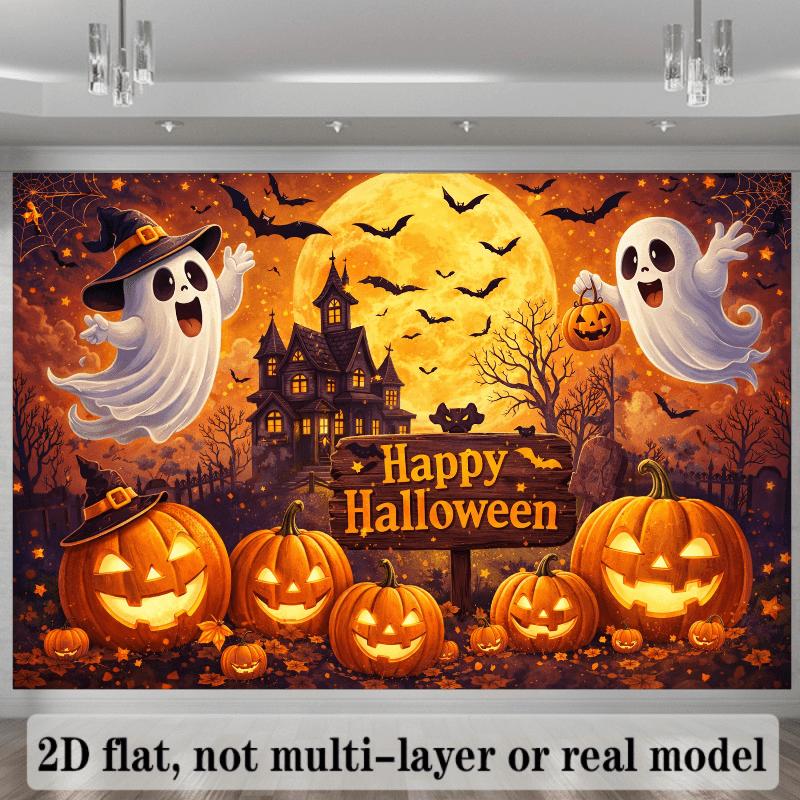 2D planar Halloween-themed background fabric with a glowing pumpkin lantern ghost and tombstone in the center the picture.zyc