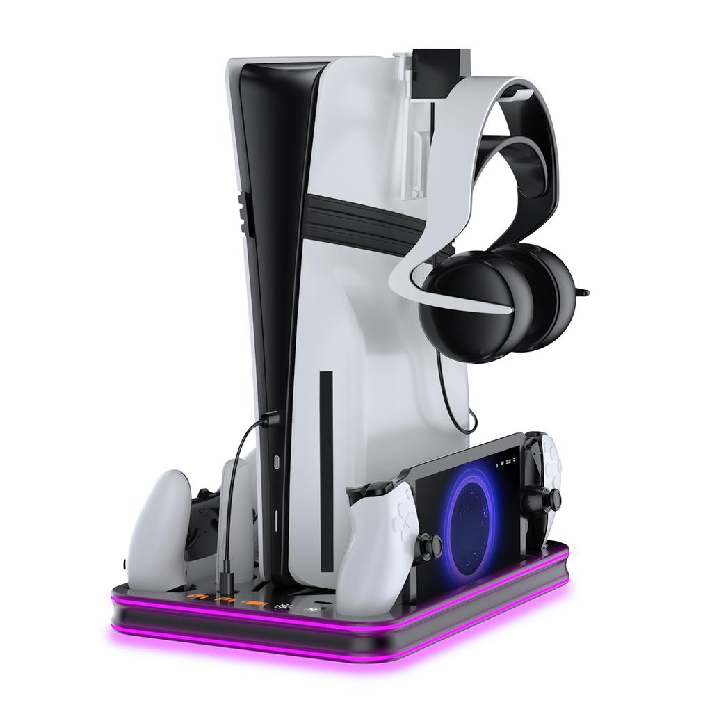PS5 Slim/Pro Console Multi-function Cooling Storage Stand with Headset Hanging Rack,RGB Colorful Light