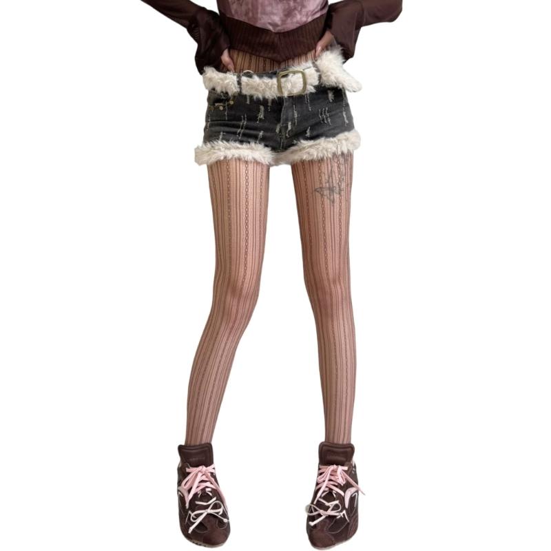 Elegant Hollowed Twist Striped Pattern Sheer Fishnet Stockings Aesthetic See Through Mesh Tights Pantyhose for Women
