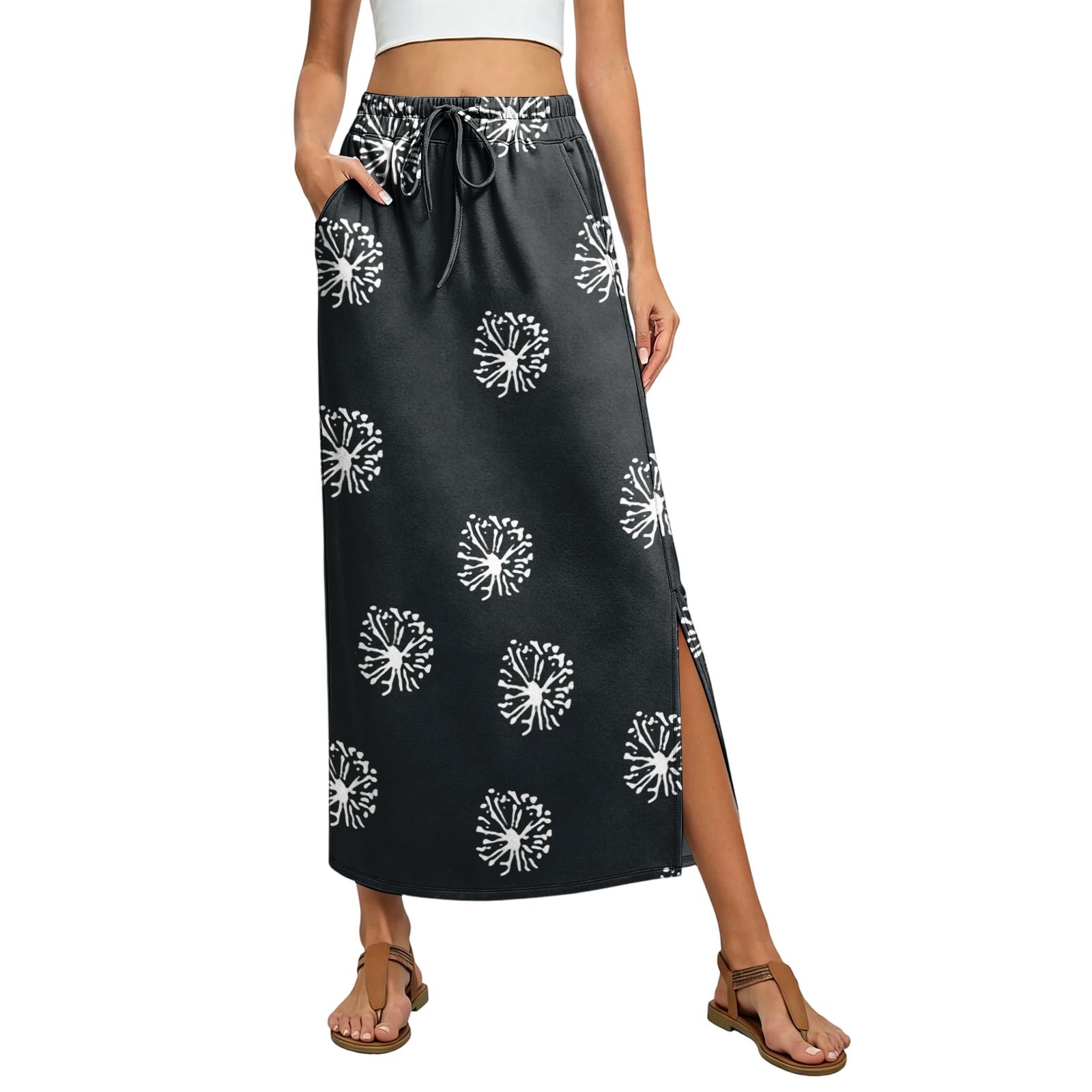 Ladies  floral elastic waist drawstring pocket skirt L