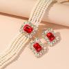 Chic Geometric Design Colorful Crystal Accented Layering Pearls Necklace And Earrings Jewelry Set for Gatherings