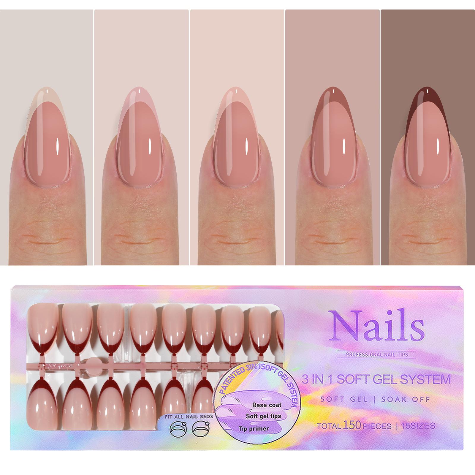 150Pcs Gradient Nude Color Almond Wearable Fake Nail Tips Press On Acrylic Nails Removable Wearing Reusable Full Cover Nail Tips