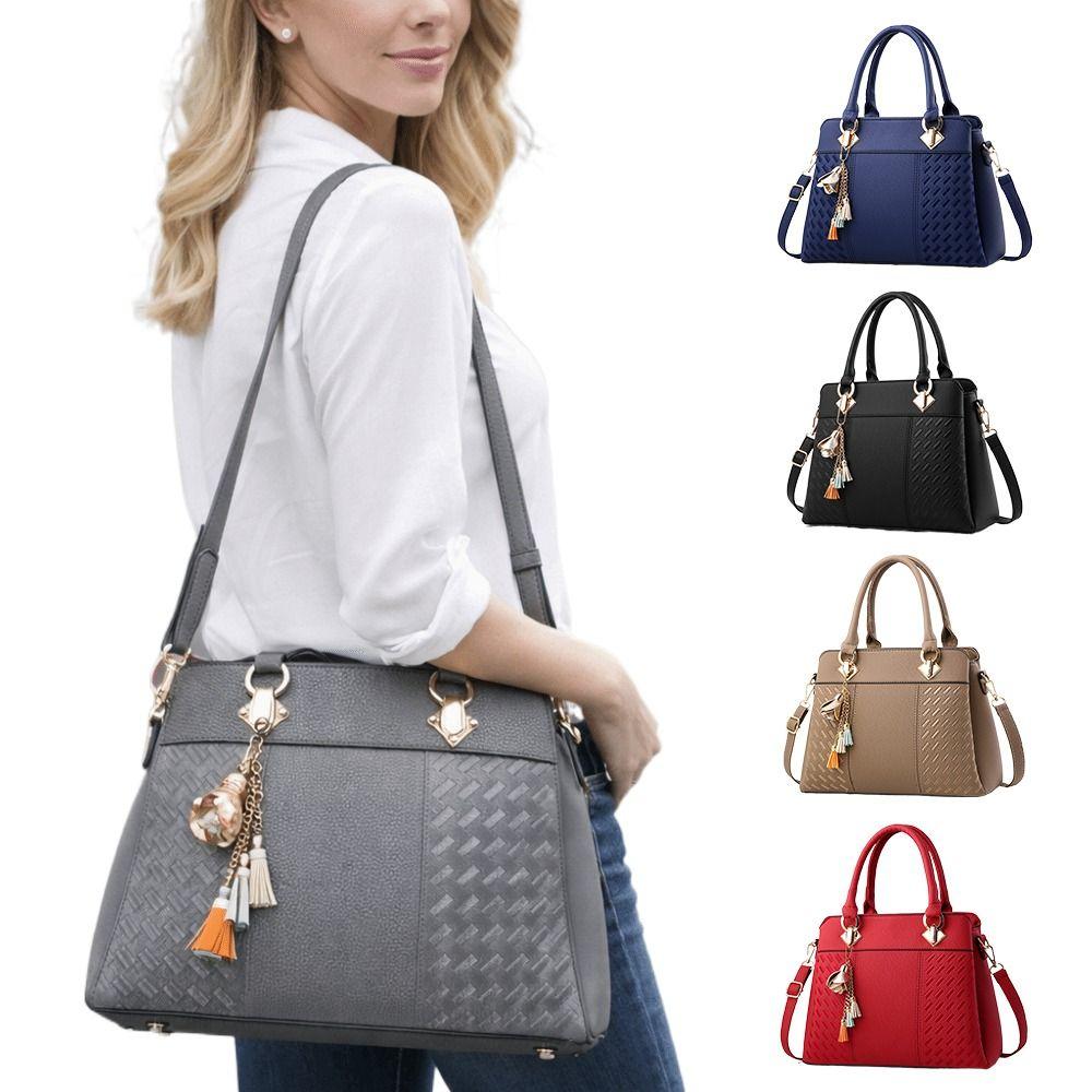 Simple PU Leather Shoulder Bags with Pendant Large Capacity Embossed Crossbody Bag Solid Color Female Messenger Bag
